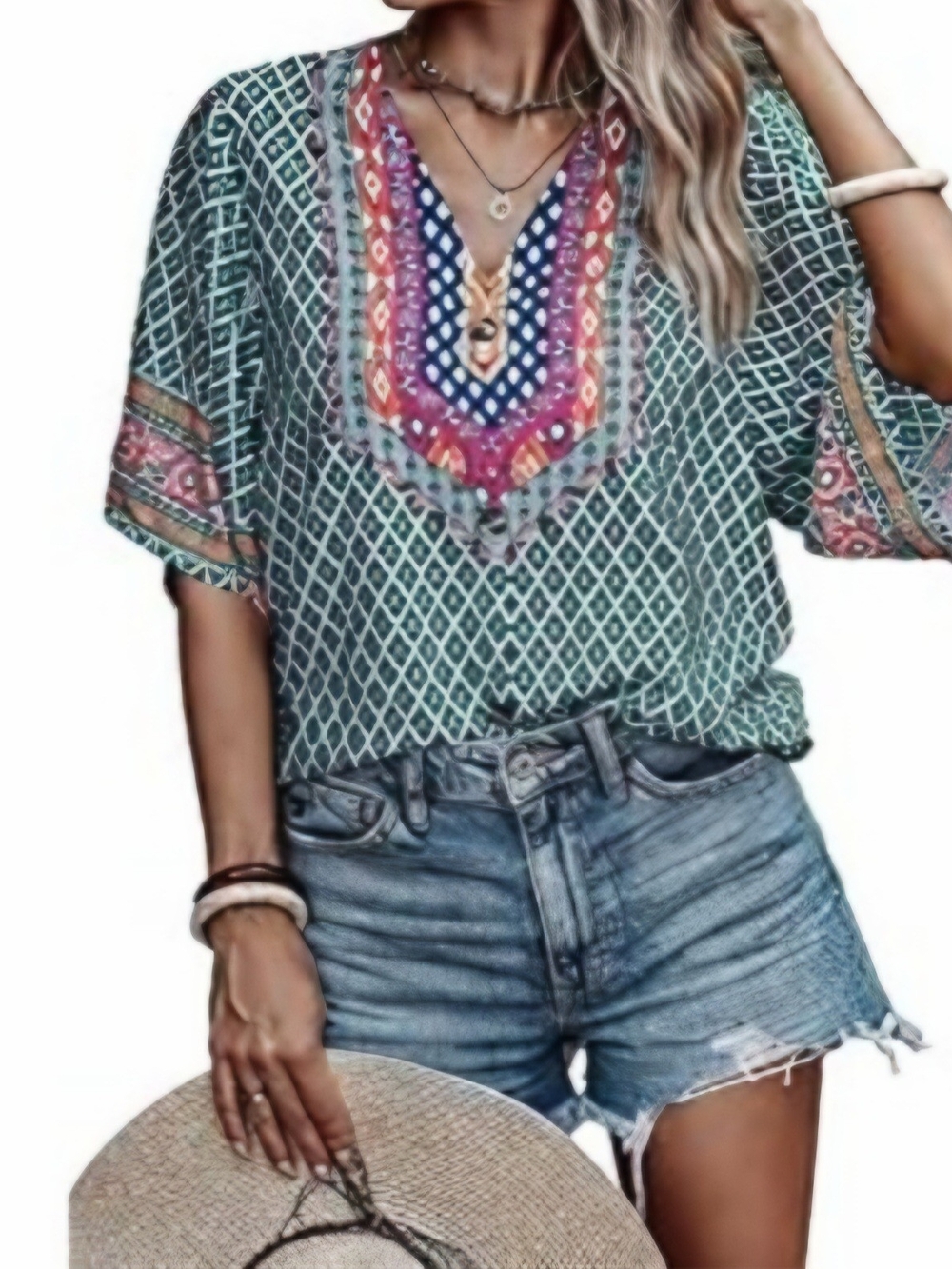 Boho V-Neck Tunic Top in Teal with Coral Accents